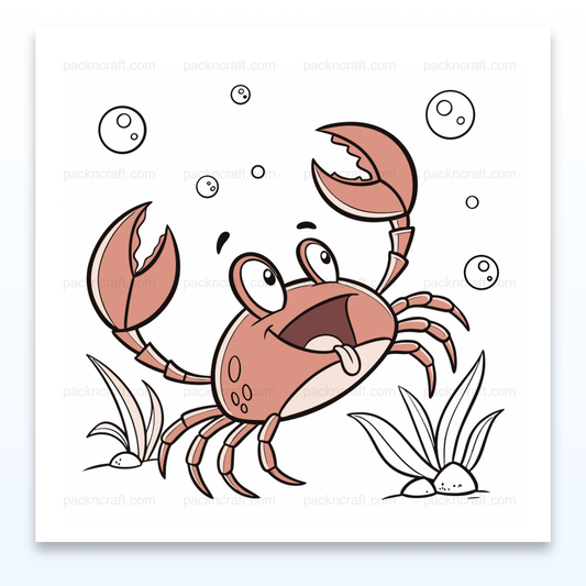 Illustration de crabe souriant sous l'eau en style cartoon, idéale pour projets marins.