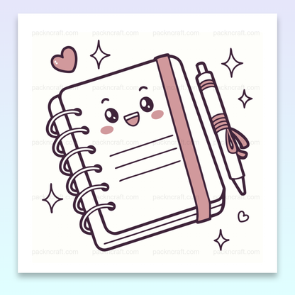 Illustration d'un cahier heureux en style pastel avec stylo, pour papeterie DIY.