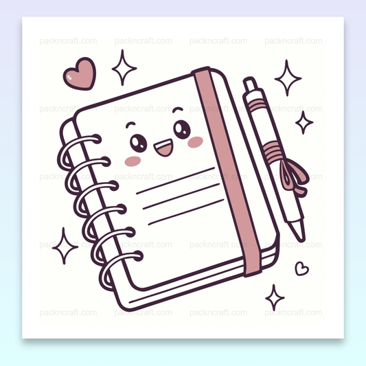 Illustration d'un cahier heureux en style pastel avec stylo, pour papeterie DIY.