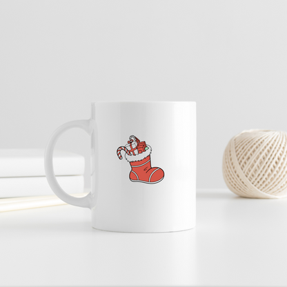 Mug festif avec chaussette de Noël remplie de cadeaux en icône numérique colorée