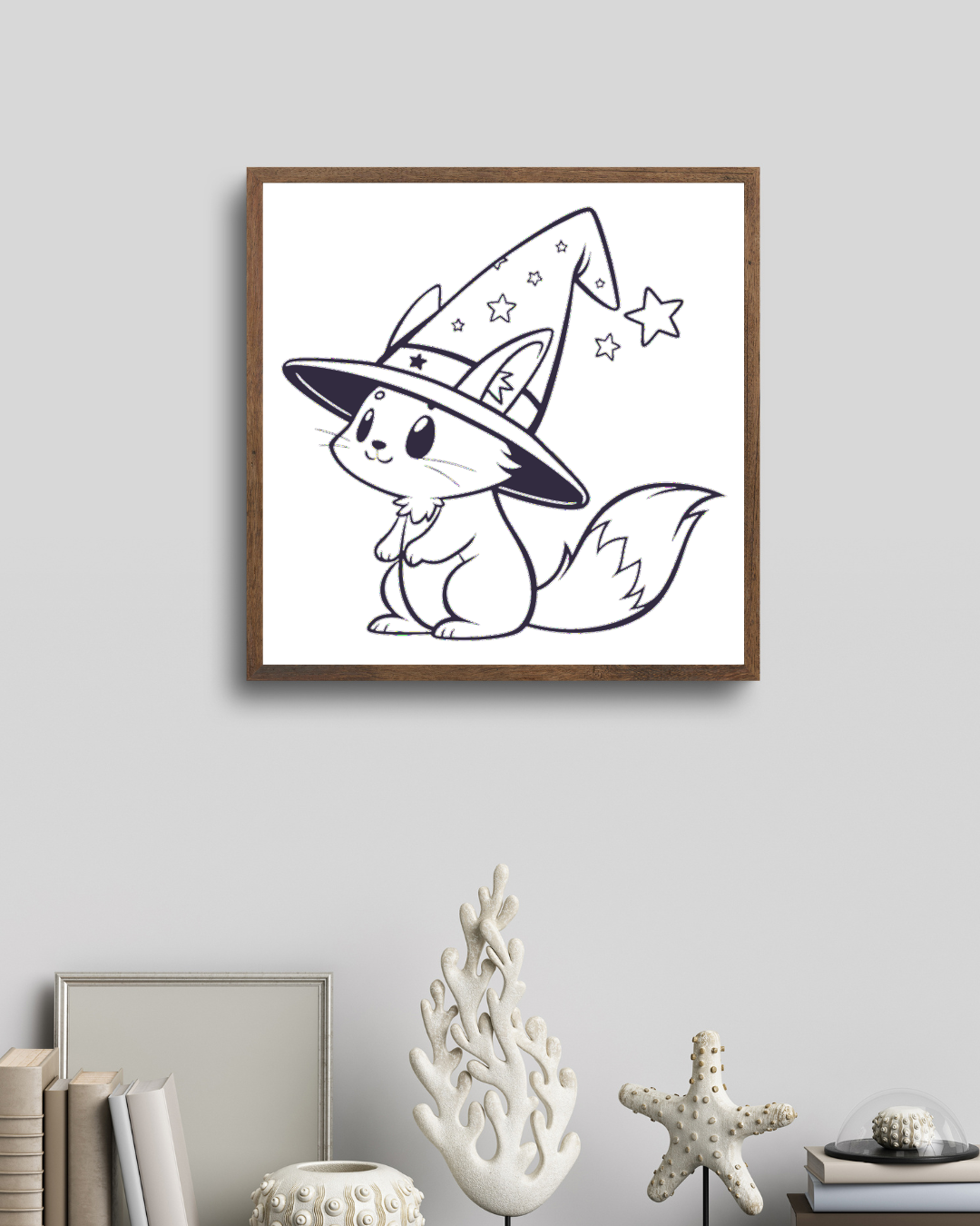 Cadre tendance avec un renard kawaii évoquant une magie mystique