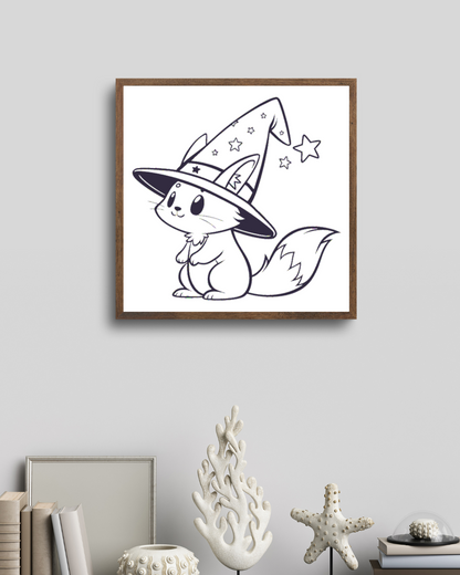 Cadre tendance avec un renard kawaii évoquant une magie mystique