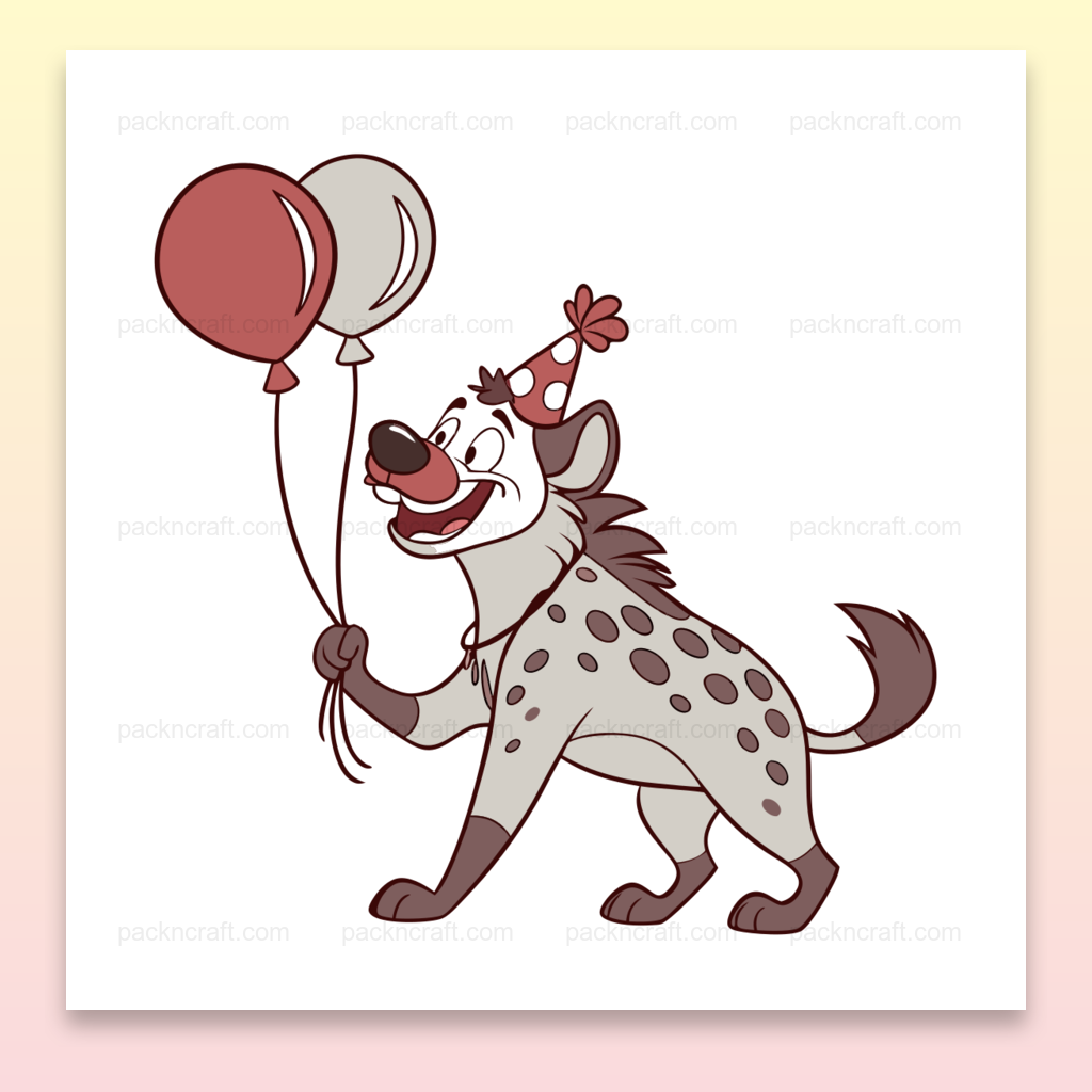 Illustration de hyène festive avec ballons, idéale pour papeterie et décoration