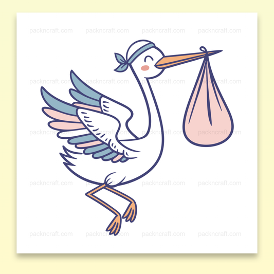Illustration kawaii de cigogne portant un bébé, style vintage