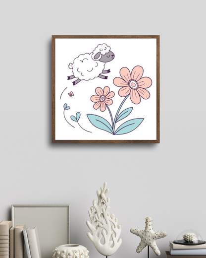 Cadre avec mouton sautillant et fleurs pastel dans un style printanier enchanteur
