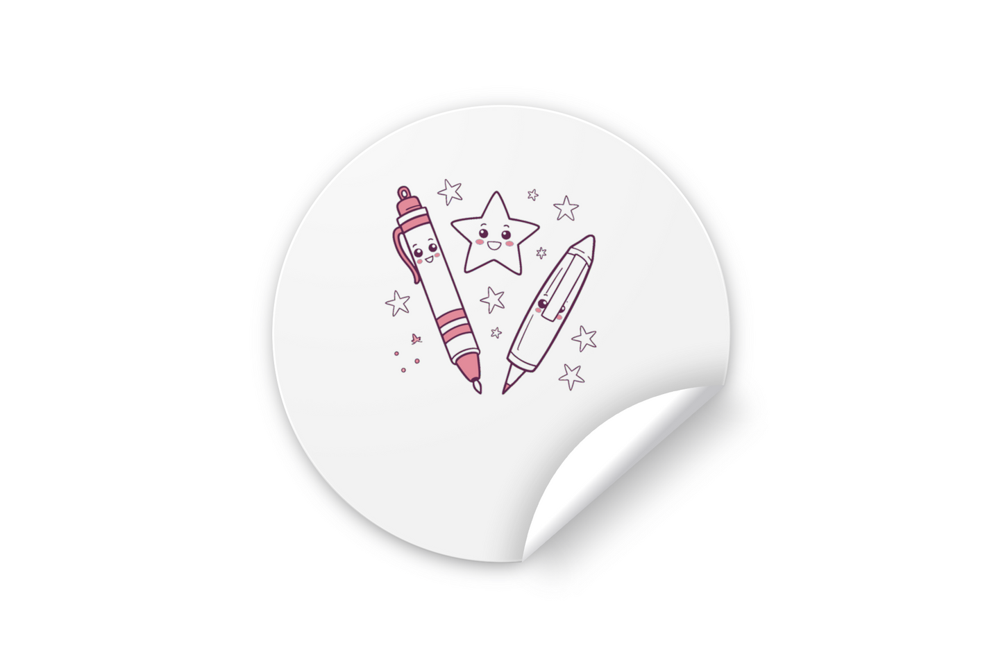 Sticker éducatif représentant une étoile joyeuse entourée de stylos colorés