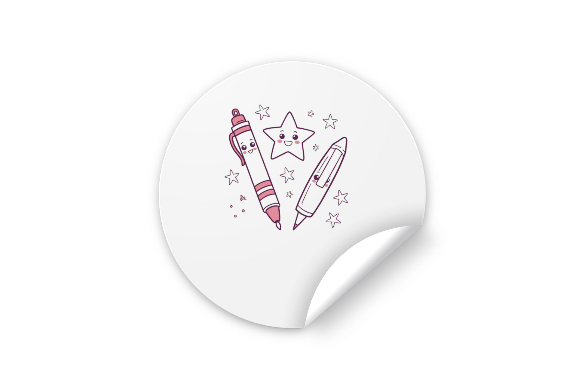 Sticker éducatif représentant une étoile joyeuse entourée de stylos colorés