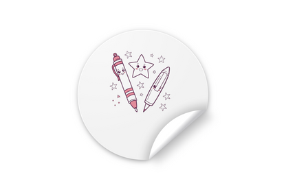 Sticker éducatif représentant une étoile joyeuse entourée de stylos colorés