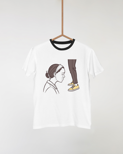T-shirt avec icône numérique d'une femme pensive en gris style introspectif