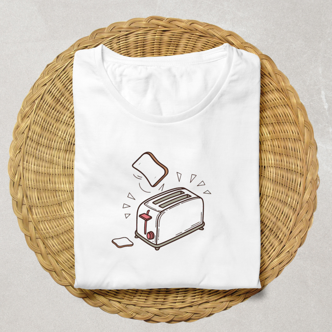 Design doodle grille-pain bondissant sur t-shirt pour une ambiance matinale douce