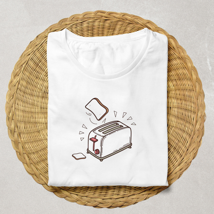 Design doodle grille-pain bondissant sur t-shirt pour une ambiance matinale douce