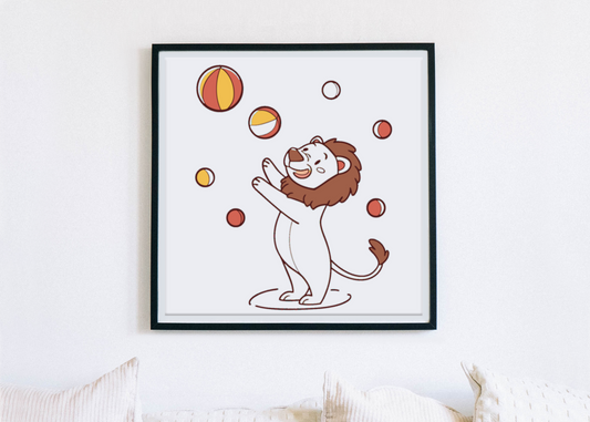 Cadre avec lion joyeux en style cirque vectoriel pour une déco amusante et vive
