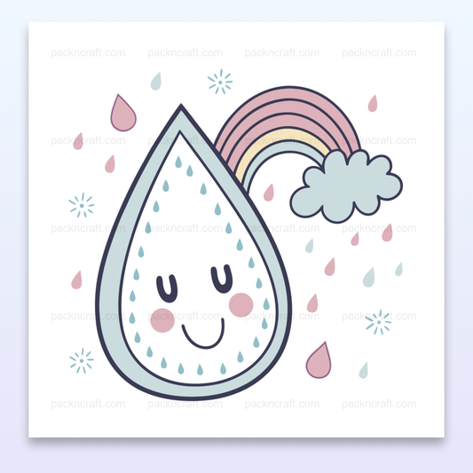 Illustration d'une goutte souriante sous un arc-en-ciel en style pastel, utilisable pour stickers et papeterie.