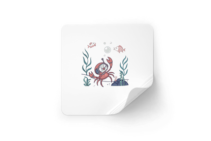 Sticker avec crabe plongeur curieux dans un style doodle, ambiance aventure aquatique