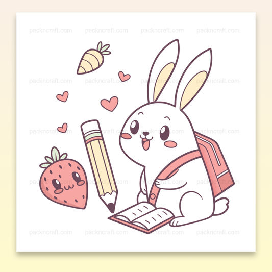 Illustration d'un lapin scolaire heureux avec un style vectoriel pastel. Utilisable pour papeterie et déco.