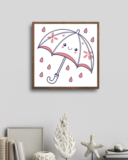 Cadre enfantin avec un parapluie kawaii souriant sous la pluie