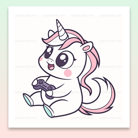 Illustration de licorne joyeuse avec manette de jeu en style kawaii SVG