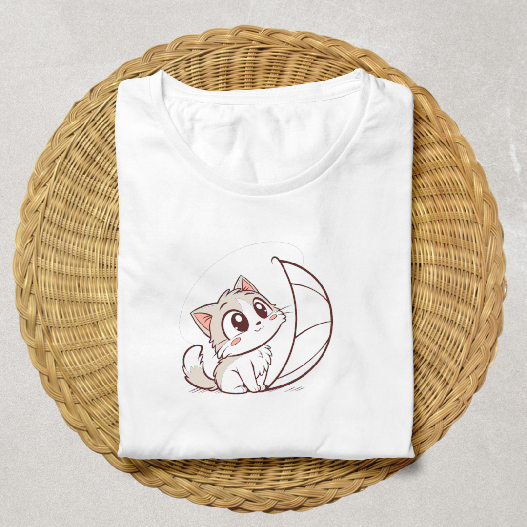 Un t-shirt orné d'un chat espiègle caché sous une feuille avec un style kawaii