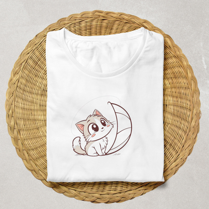Un t-shirt orné d'un chat espiègle caché sous une feuille avec un style kawaii