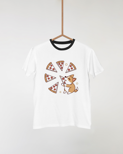 Un t-shirt amusant avec un chien joyeux mangeant une pizza
