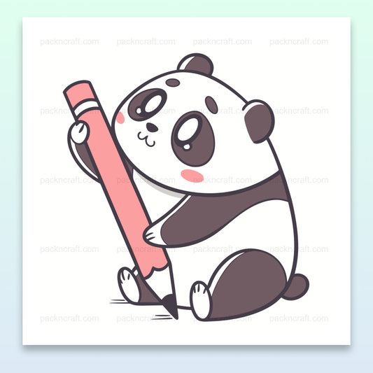 Illustration d'un panda mignon dessinant avec un crayon rose, parfait pour papeterie et projets créatifs.