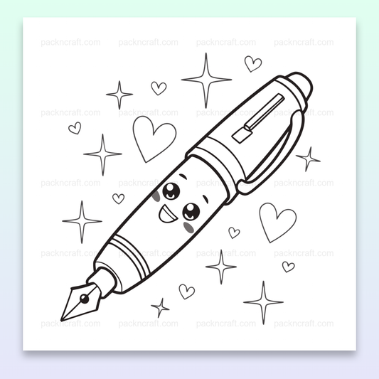 Illustration d'un stylo avec un visage souriant, accompagné d'étoiles et de cœurs, parfait pour la papeterie créative.