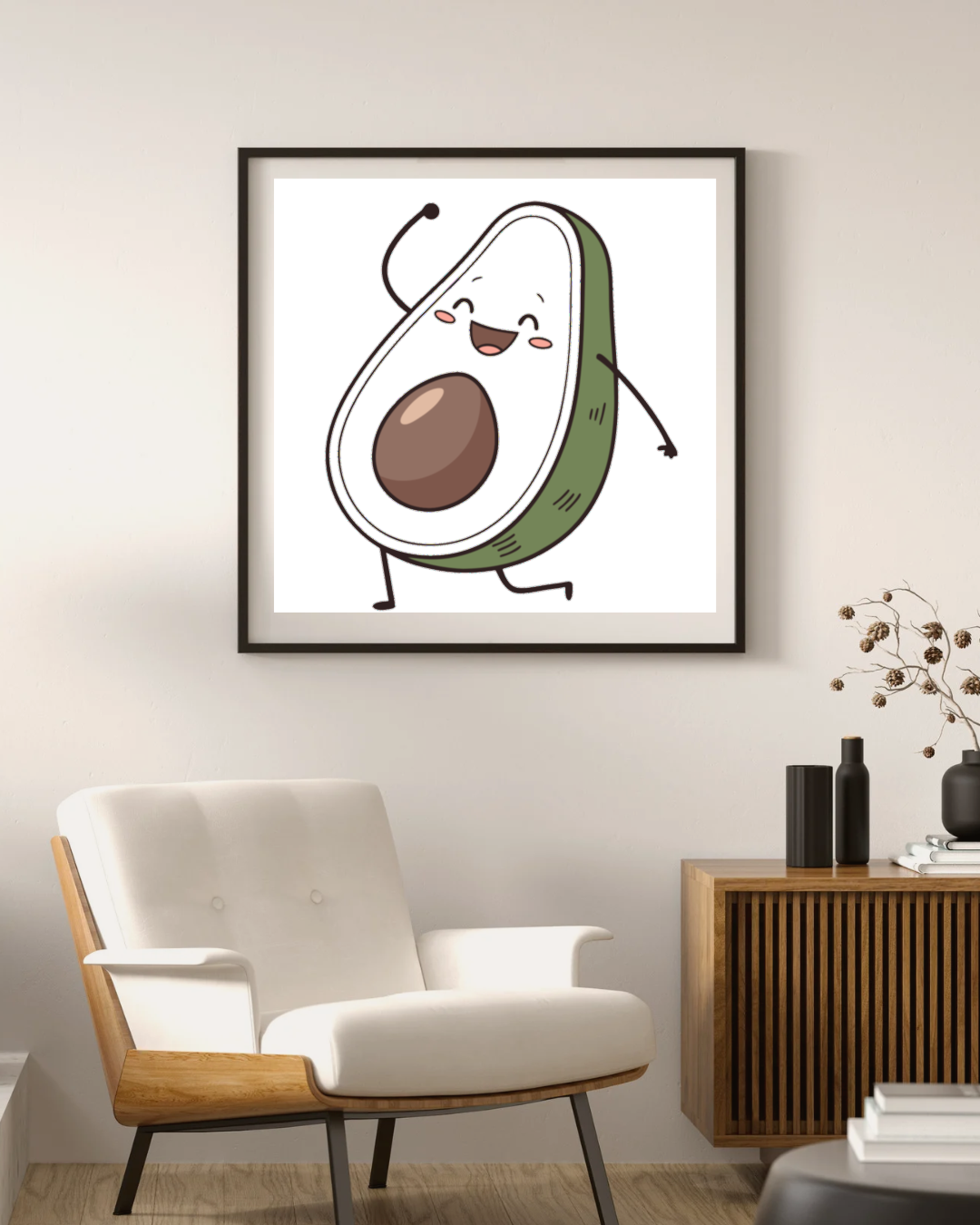 Cadre décoratif avec avocat dansant joyeux, touche mignonne et amusante