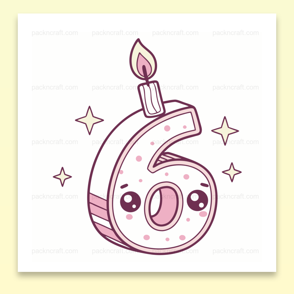 Illustration kawaii du chiffre 6 avec une bougie, parfait pour les invitations