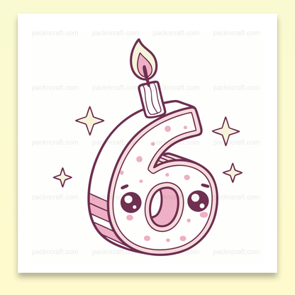 Illustration kawaii du chiffre 6 avec une bougie, parfait pour les invitations
