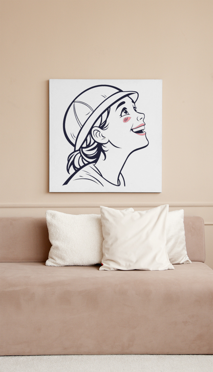 Cadre avec icône moderne d'enfant souriant en casque style minimaliste