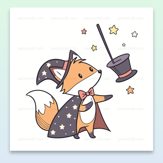 Illustration d'un renard magicien charmant avec chapeau et cape étoilée, parfait pour DIY et déco.