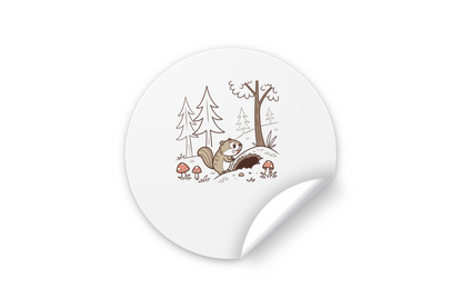 Sticker représentant un écureuil explorant une forêt dans un style de dessin numérique