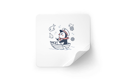 Sticker avec un pingouin joyeux naviguant sur l'eau en style cartoon marin