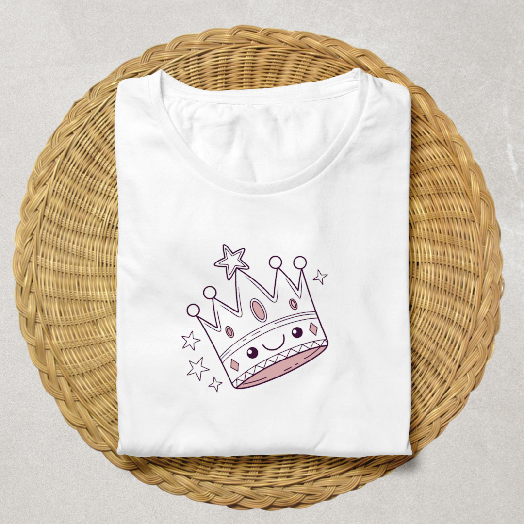 Illustration de couronne kawaii sur un t-shirt, parfait pour les anniversaires amusants.