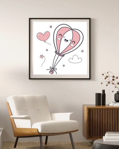 Dessin kawaii de ballon cœur dans un cadre, ajout décoratif charmant