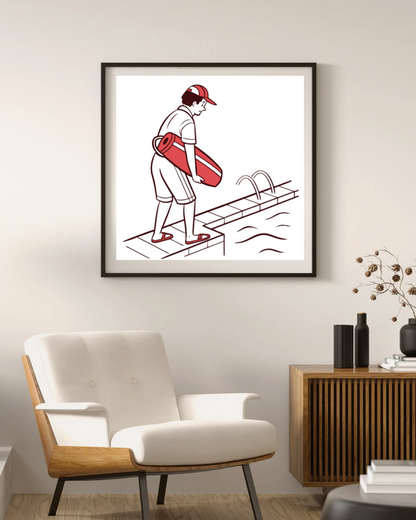 Illustration de sauveteur à la piscine, bouée rouge au bord - cadre élégant, Sauveteur avec bouée rouge, design nautique, idéal pour imprimés fond piscine, SVG de sauveteur et bouée, thème sécurité aquatique pour mug, Autocollant de sauveteur au design vintage, bouée rouge proéminente, Sauveteur avec bouée - illustration appliquée sur t-shirt, style mode