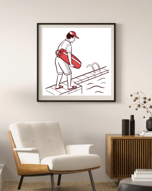 Illustration de sauveteur à la piscine, bouée rouge au bord - cadre élégant, Sauveteur avec bouée rouge, design nautique, idéal pour imprimés fond piscine, SVG de sauveteur et bouée, thème sécurité aquatique pour mug, Autocollant de sauveteur au design vintage, bouée rouge proéminente, Sauveteur avec bouée - illustration appliquée sur t-shirt, style mode