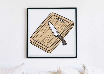 Cadre avec illustration doodle planche et couteau dynamique pour cuisine chic