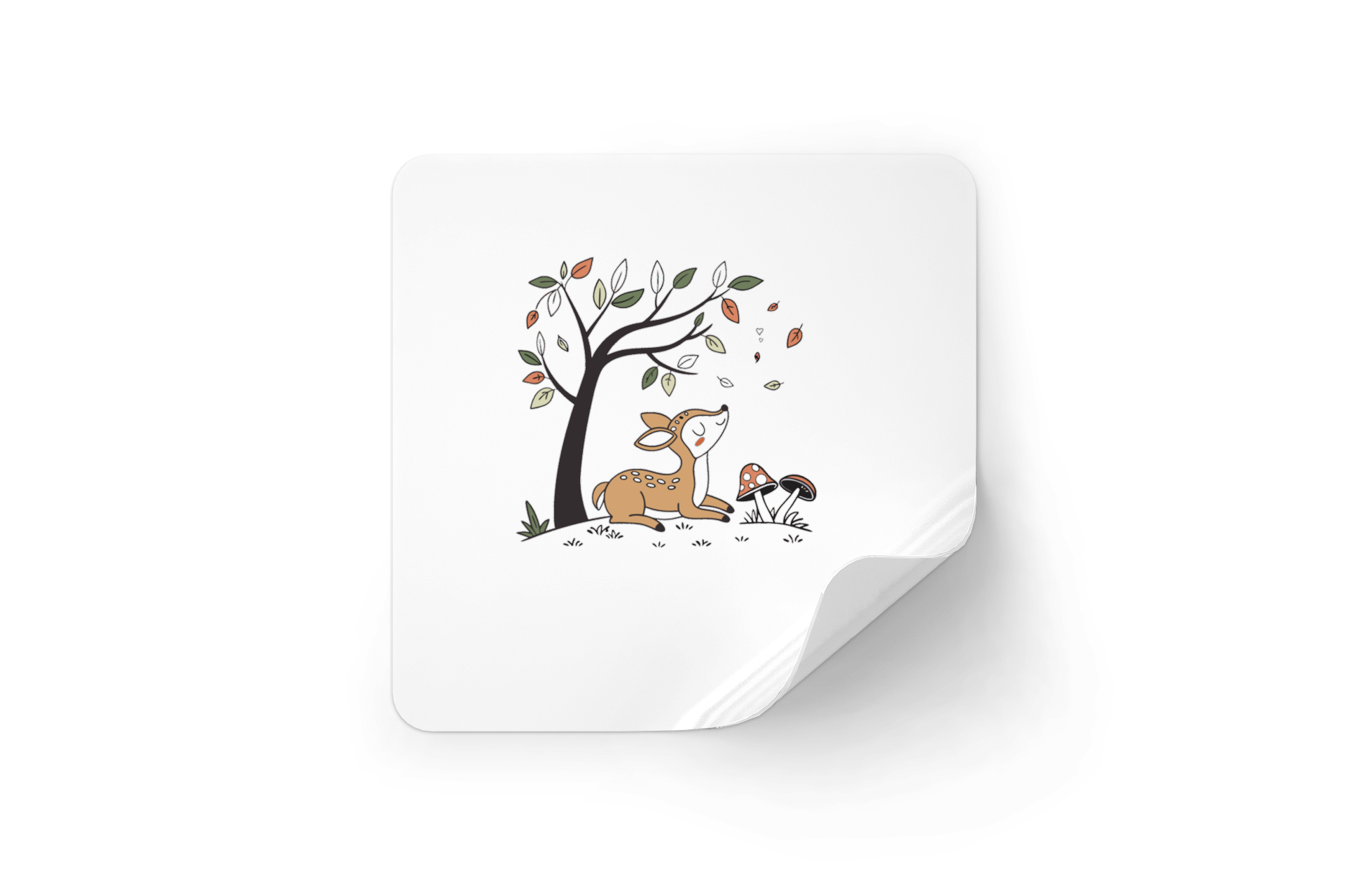 Sticker avec un faon rêveur sous un arbre, ambiance pastel automnale