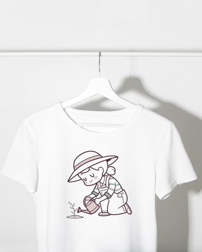 T-shirt kawaii avec jardinier joyeux dans un style printanier et fraîcheur visuelle