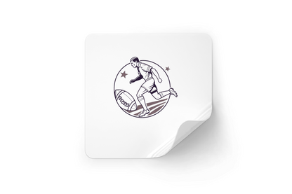 Sticker sportif avec joueur de rugby en pleine course style vintage