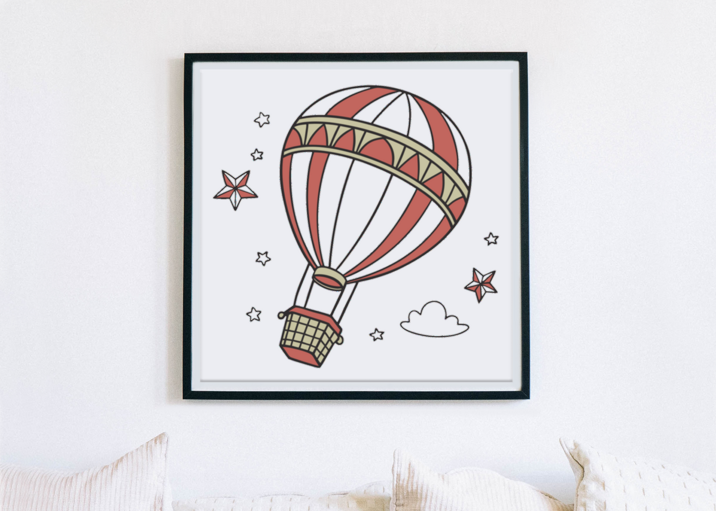 Cadre avec montgolfière cartoon, ambiance aventure ciel pour décoration murale