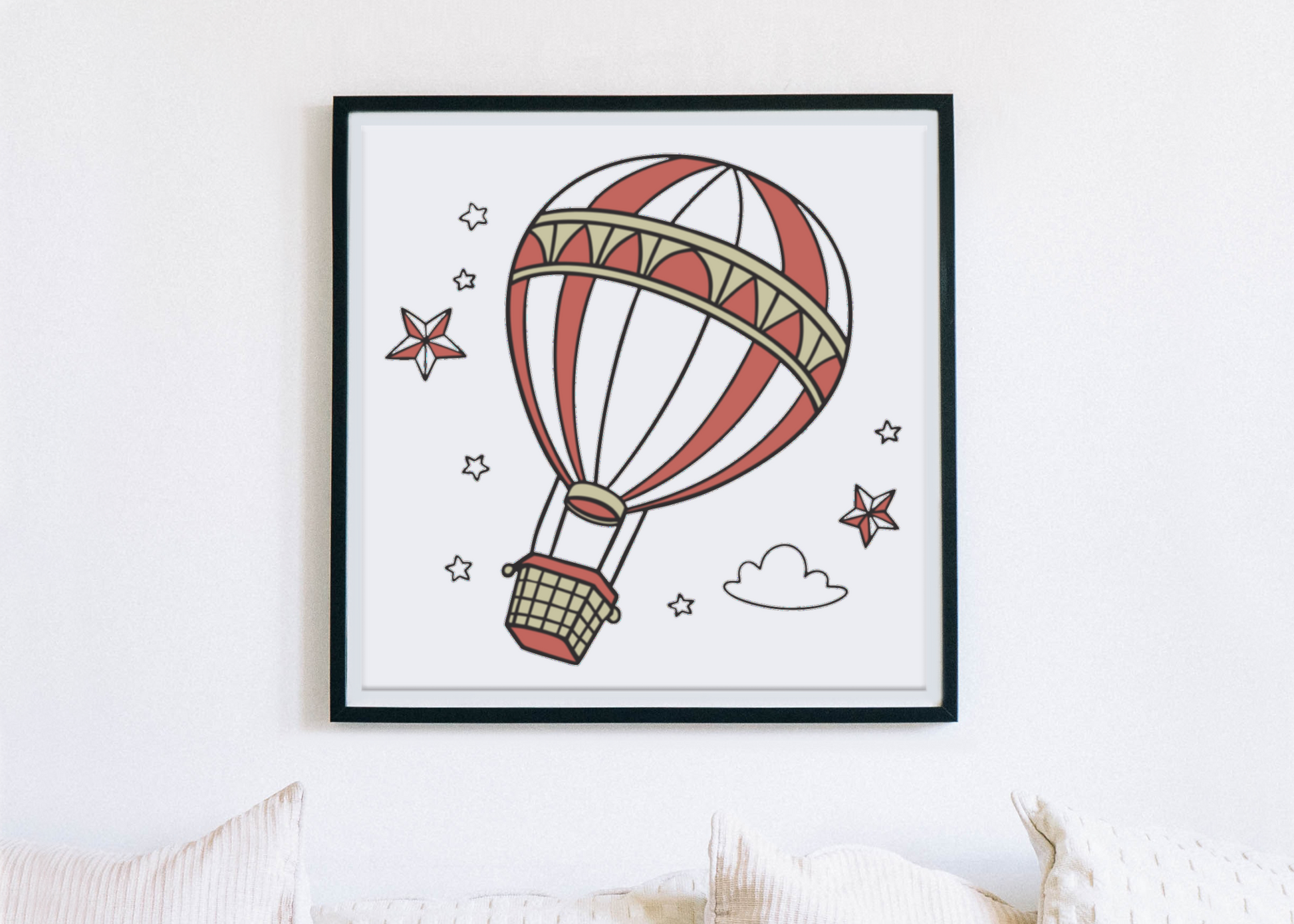 Cadre avec montgolfière cartoon, ambiance aventure ciel pour décoration murale
