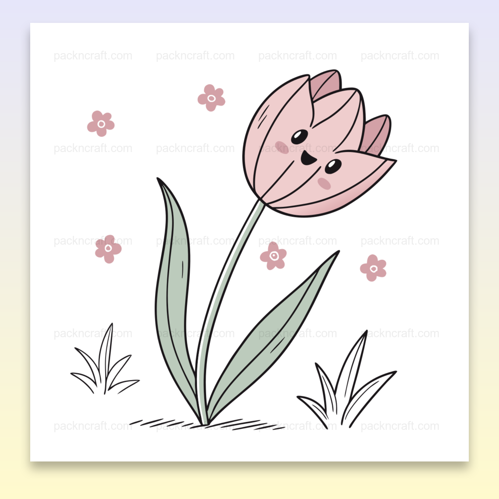 Illustration d'une tulipe souriante en style doodle, parfait pour le printemps et projets DIY.
