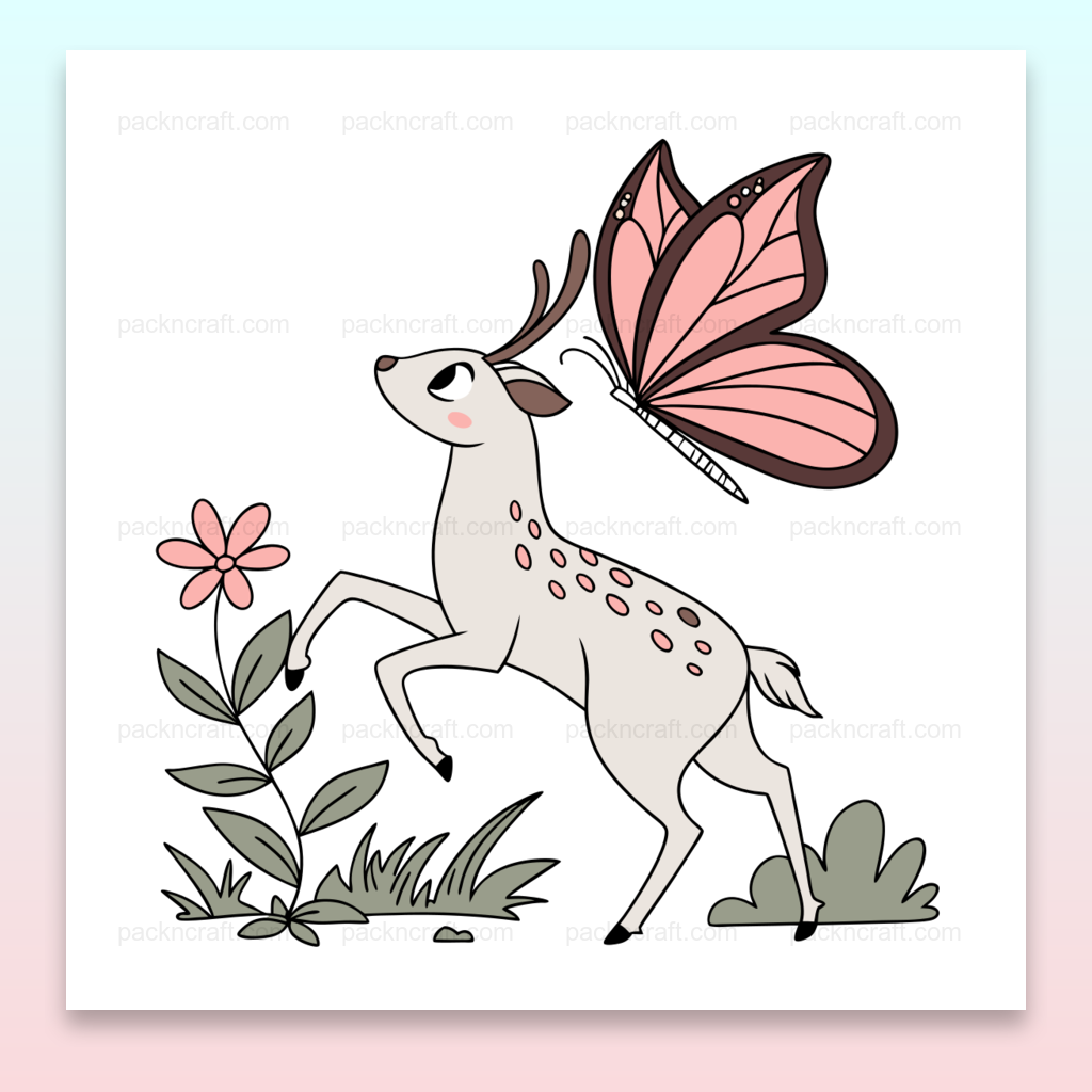 Illustration d'un faon curieux et papillon, style pastel, pour usage papeterie et éducatif