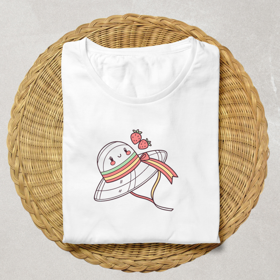 T-shirt avec motif pastel de chapeau joyeux et fraises pour un été ensoleillé