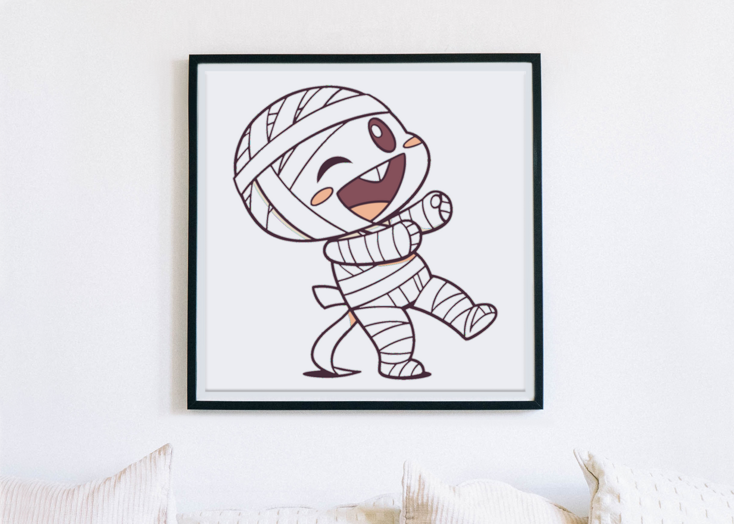 Cadre festif affichant une momie joyeuse dans un style Halloween cartoon attrayant