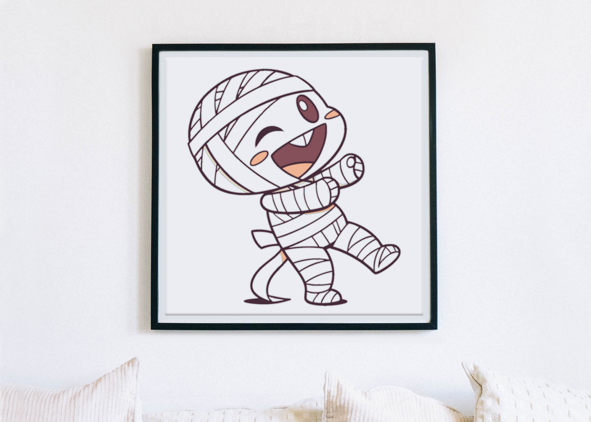 Cadre festif affichant une momie joyeuse dans un style Halloween cartoon attrayant