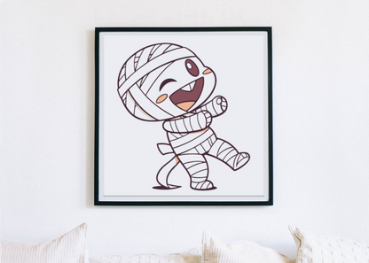 Cadre festif affichant une momie joyeuse dans un style Halloween cartoon attrayant