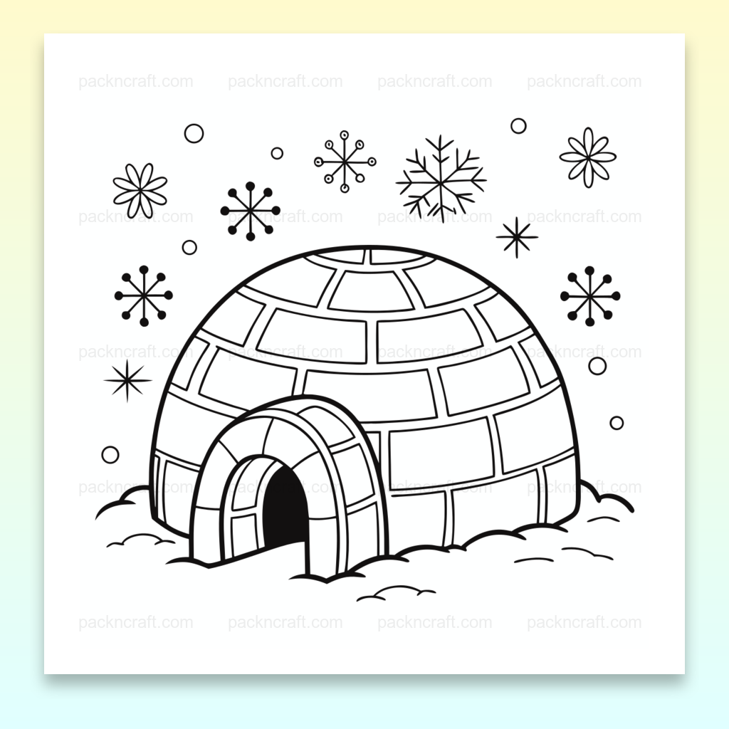 Illustration d'un igloo sous la neige en style minimaliste pour DIY et décoration.